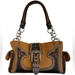 Justin West Y2k Western Belt Embroidered Studded Embellished Tan Shoulder Bag